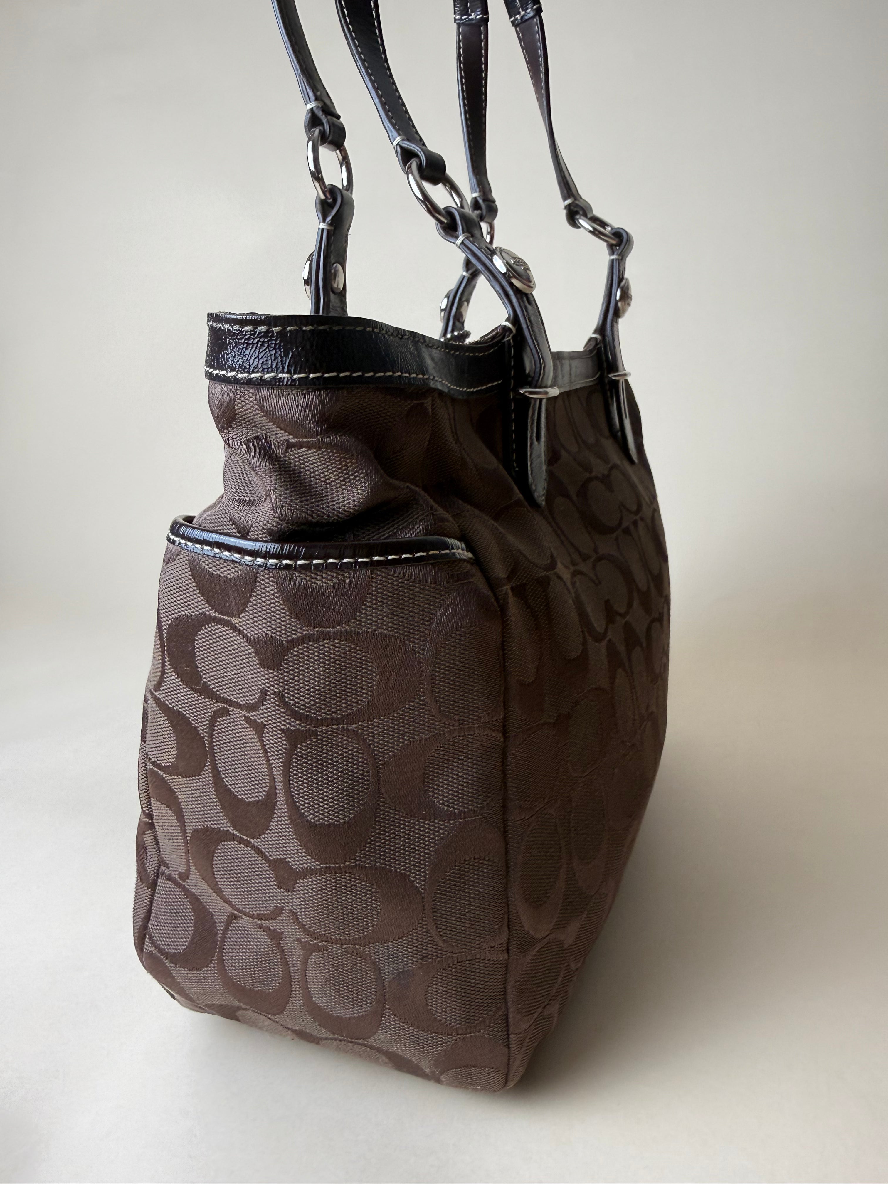 Coach Signature Jacquard Shoulder Tote - Choco Brown