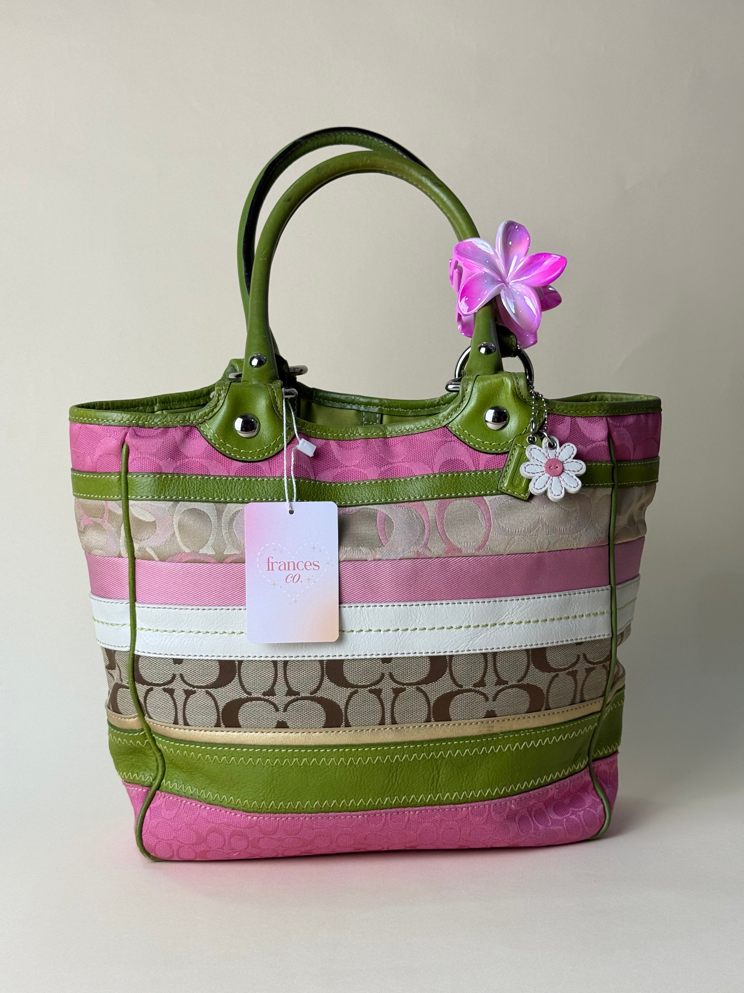 Coach Hamptons Stripe Signature Tote - Pink/Green