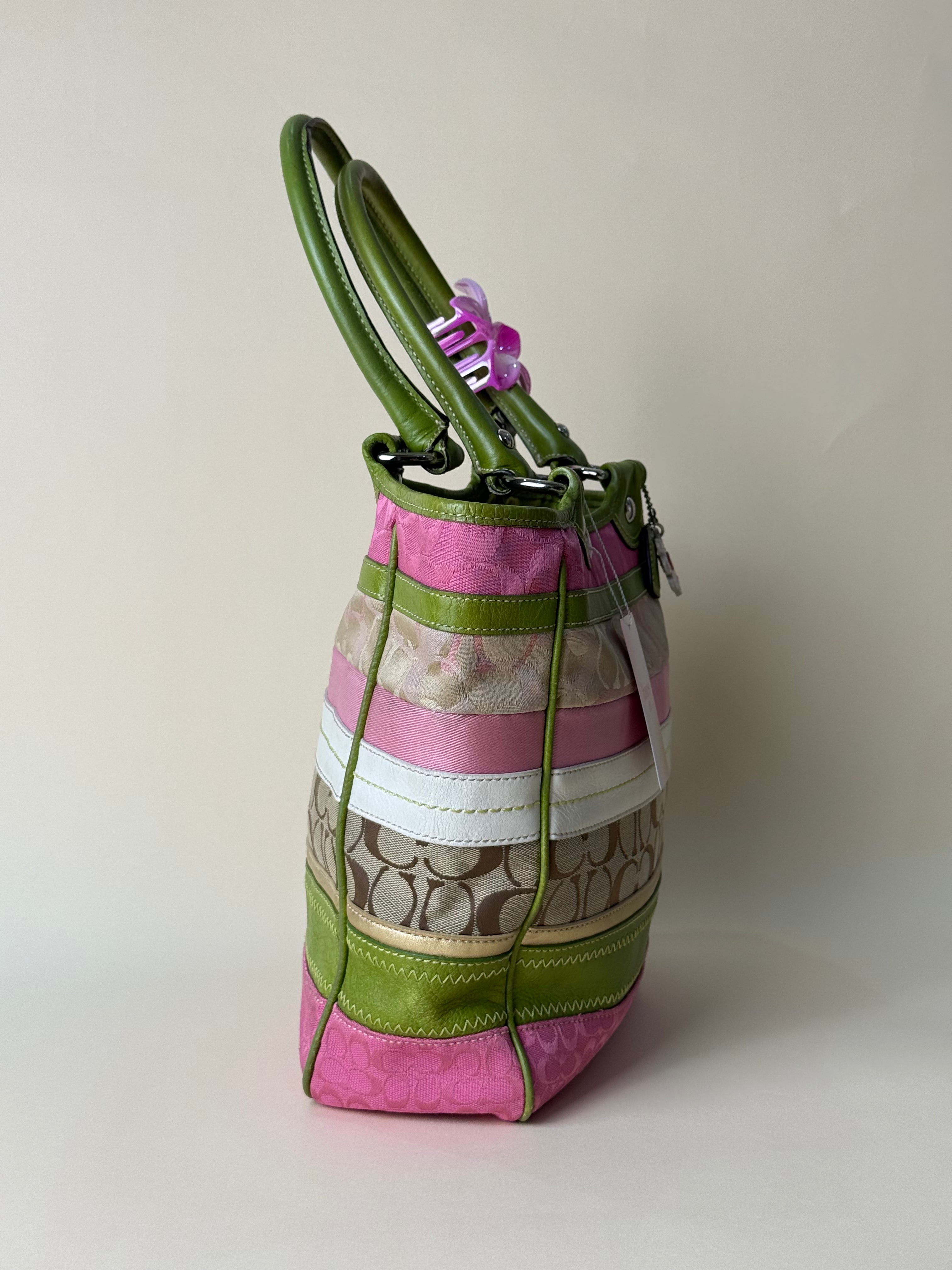 Coach Hamptons Stripe Signature Tote - Pink/Green