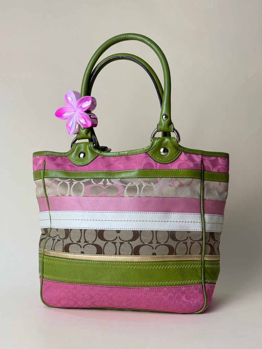 Coach Hamptons Stripe Signature Tote - Pink/Green