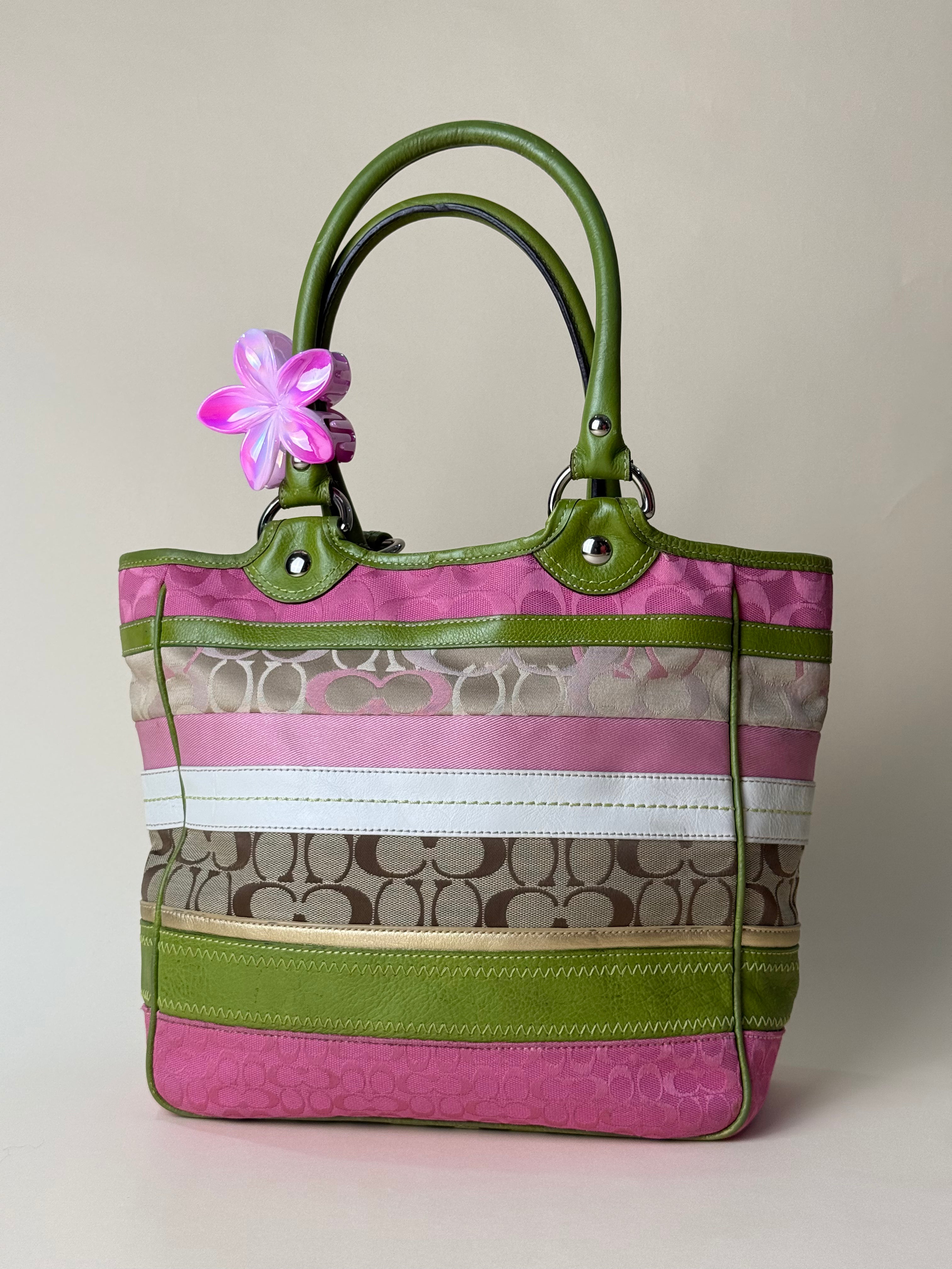Coach Hamptons Stripe Signature Tote - Pink/Green