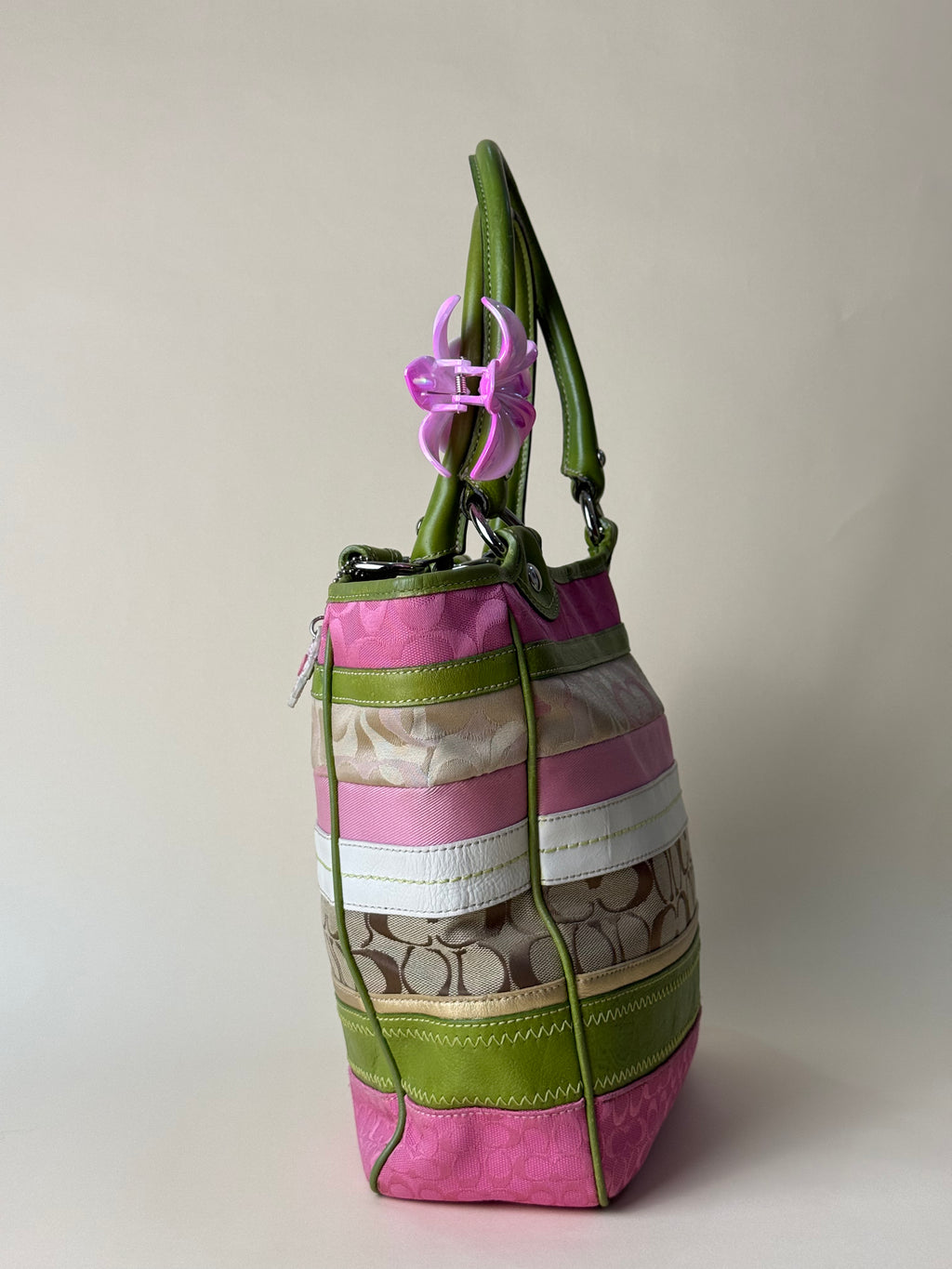Coach Hamptons Stripe Signature Tote - Pink/Green