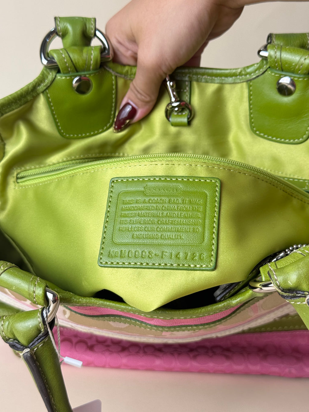 Coach Hamptons Stripe Signature Tote - Pink/Green