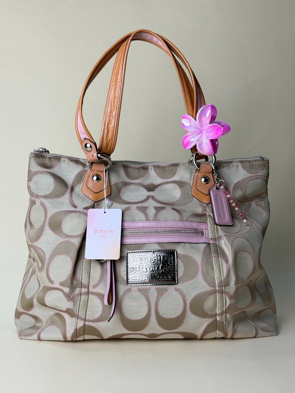 Coach Poppy Glam Signature Tote - Khaki/Pink