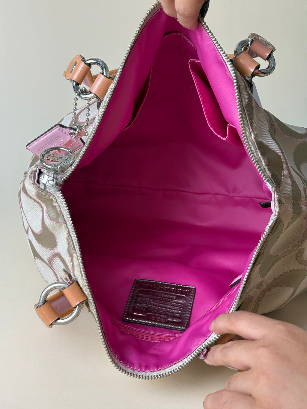 Coach Poppy Glam Signature Tote - Khaki/Pink