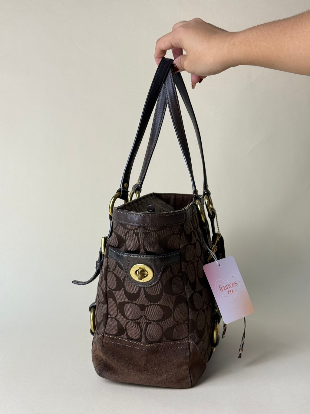 Coach Signature Stripe Buckle Tote - Choco Brown