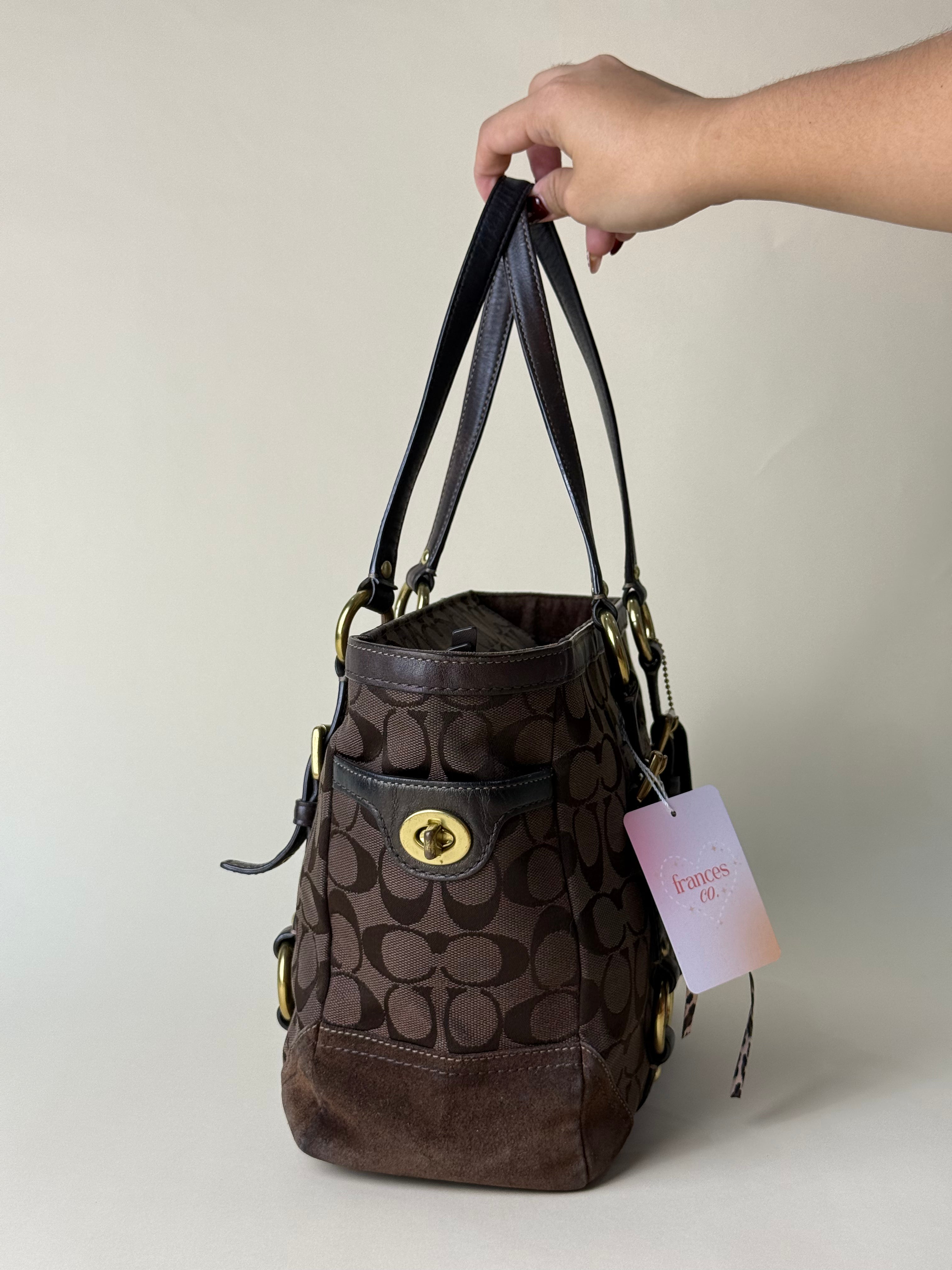 Coach Signature Stripe Buckle Tote - Choco Brown