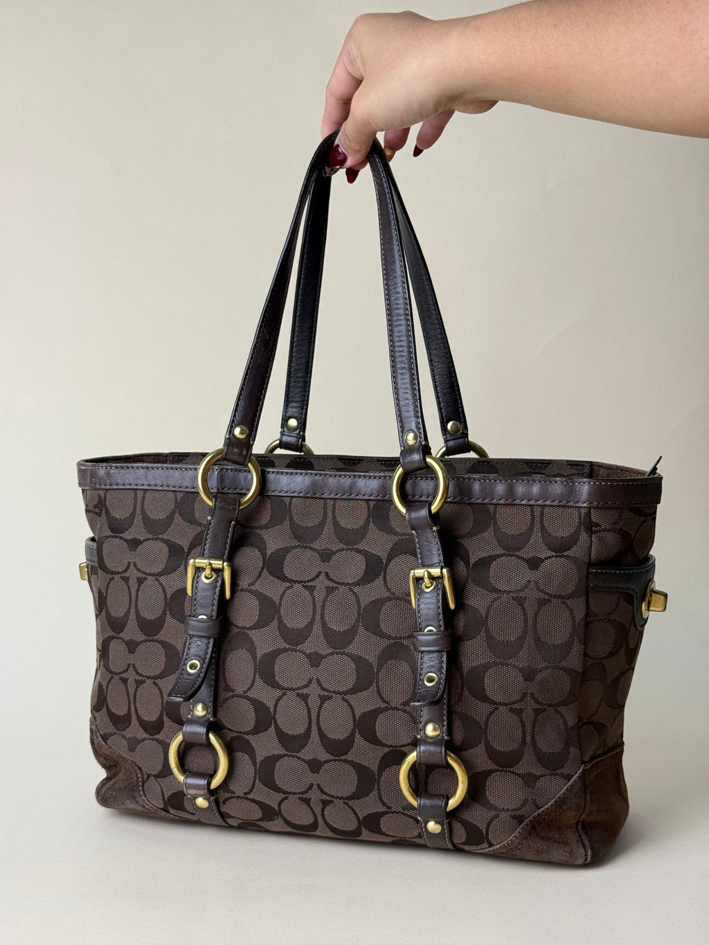 Coach Signature Stripe Buckle Tote - Choco Brown