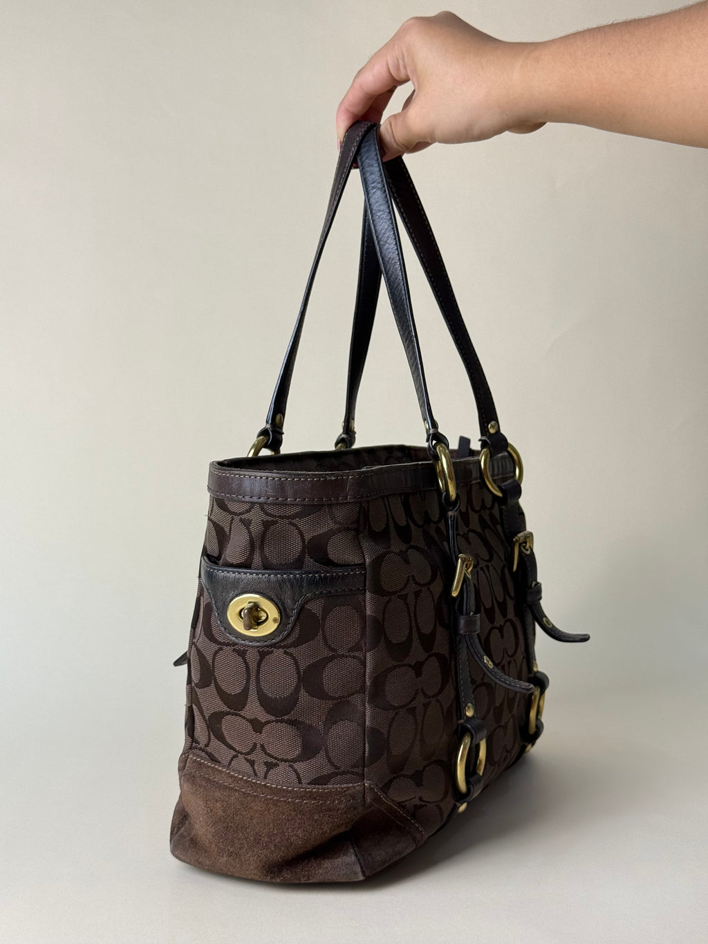 Coach Signature Stripe Buckle Tote - Choco Brown