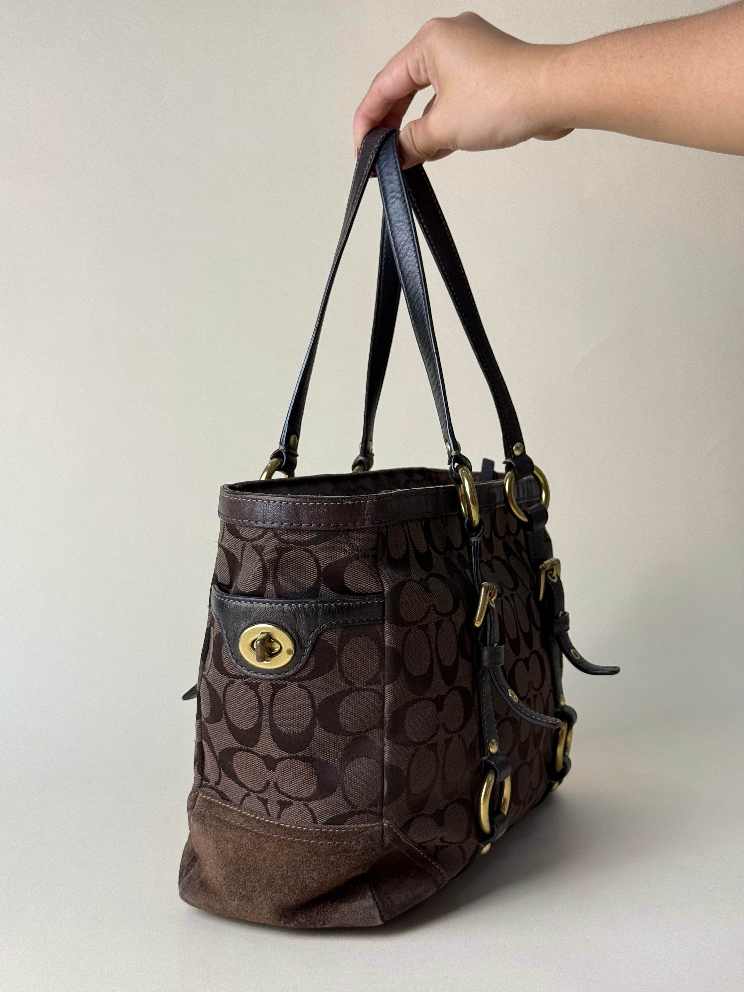 Coach Signature Stripe Buckle Tote - Choco Brown