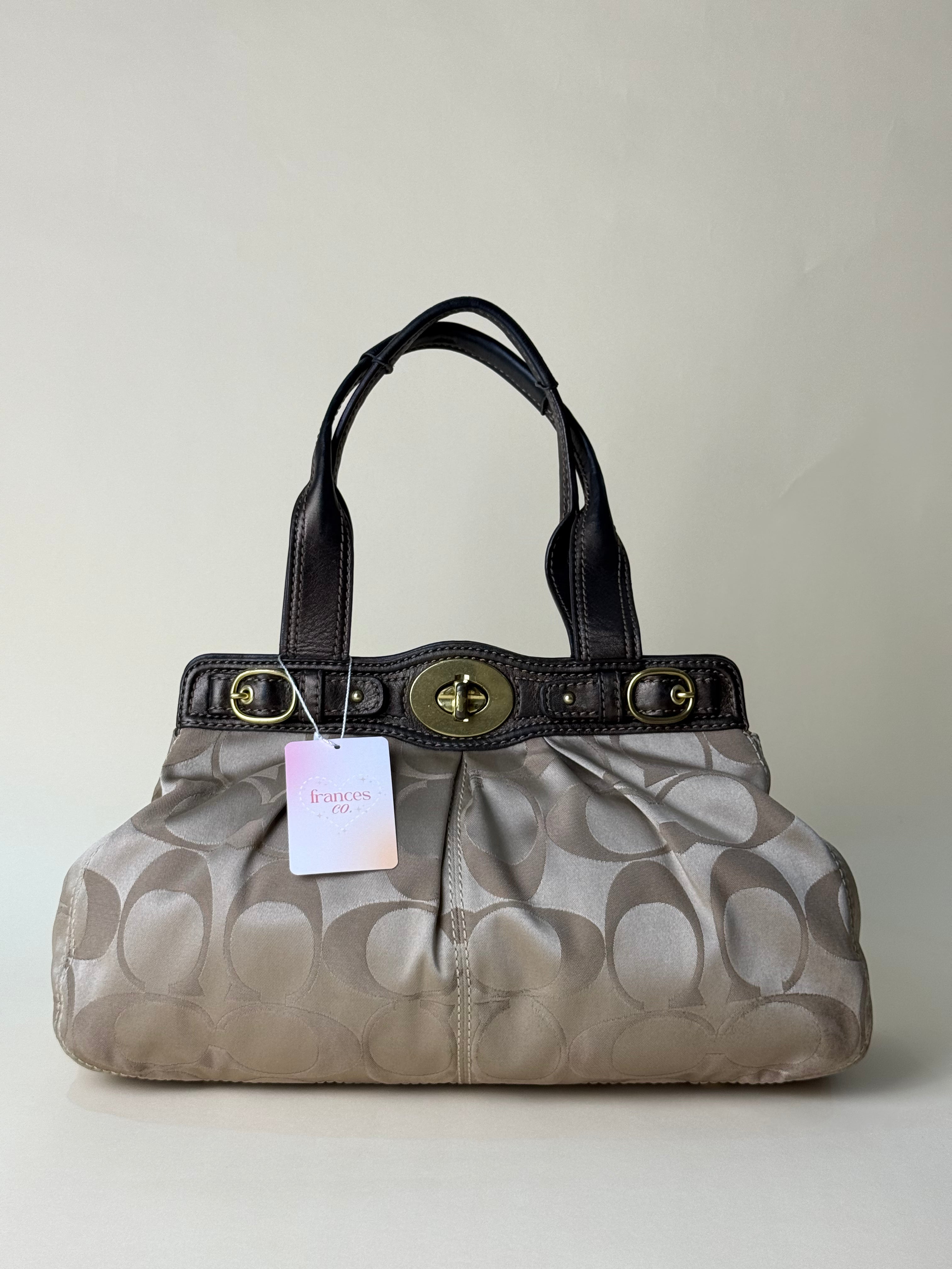 Coach Signature Garnet Turnlock Pleated Satchel - Khaki/Brown