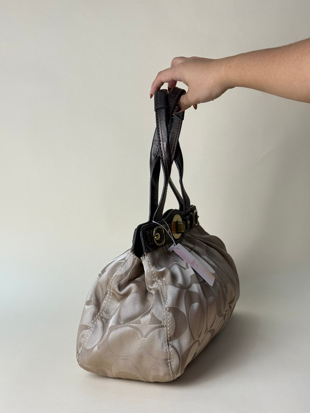 Coach Signature Garnet Turnlock Pleated Satchel - Khaki/Brown