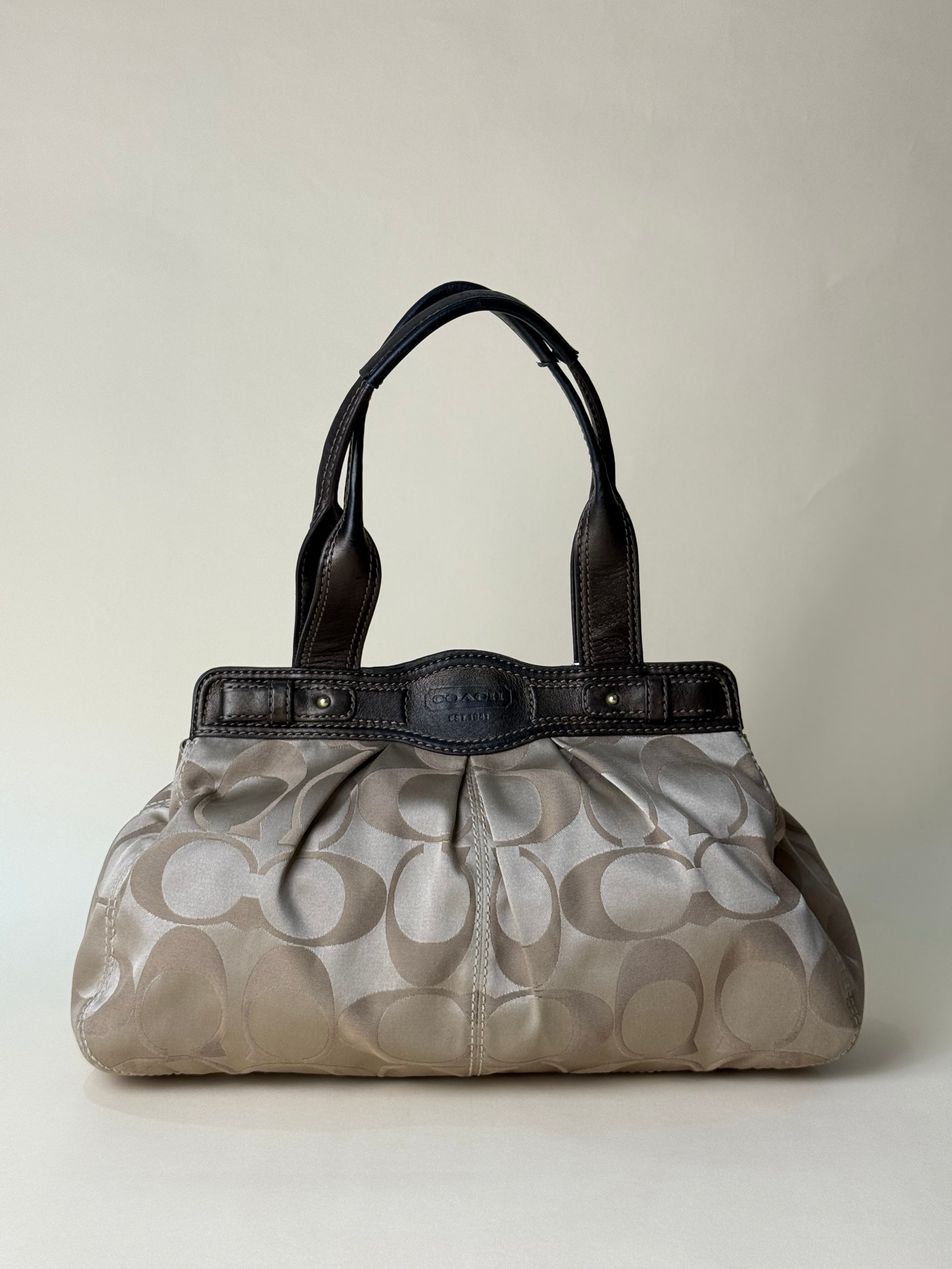 Coach Signature Garnet Turnlock Pleated Satchel - Khaki/Brown