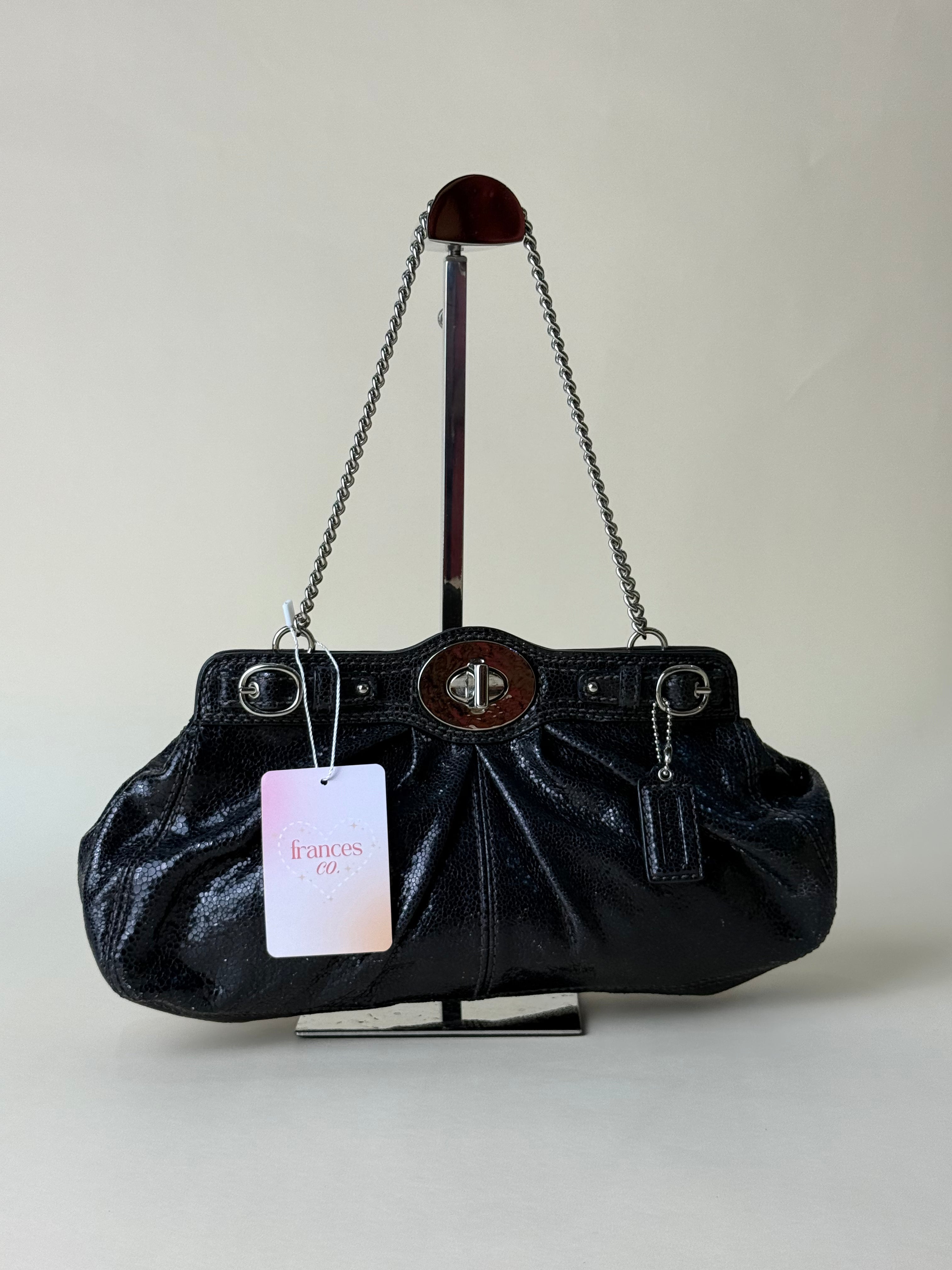 Coach Mini Garnet Turnlock Bag - Glossy Black Snake Embossed