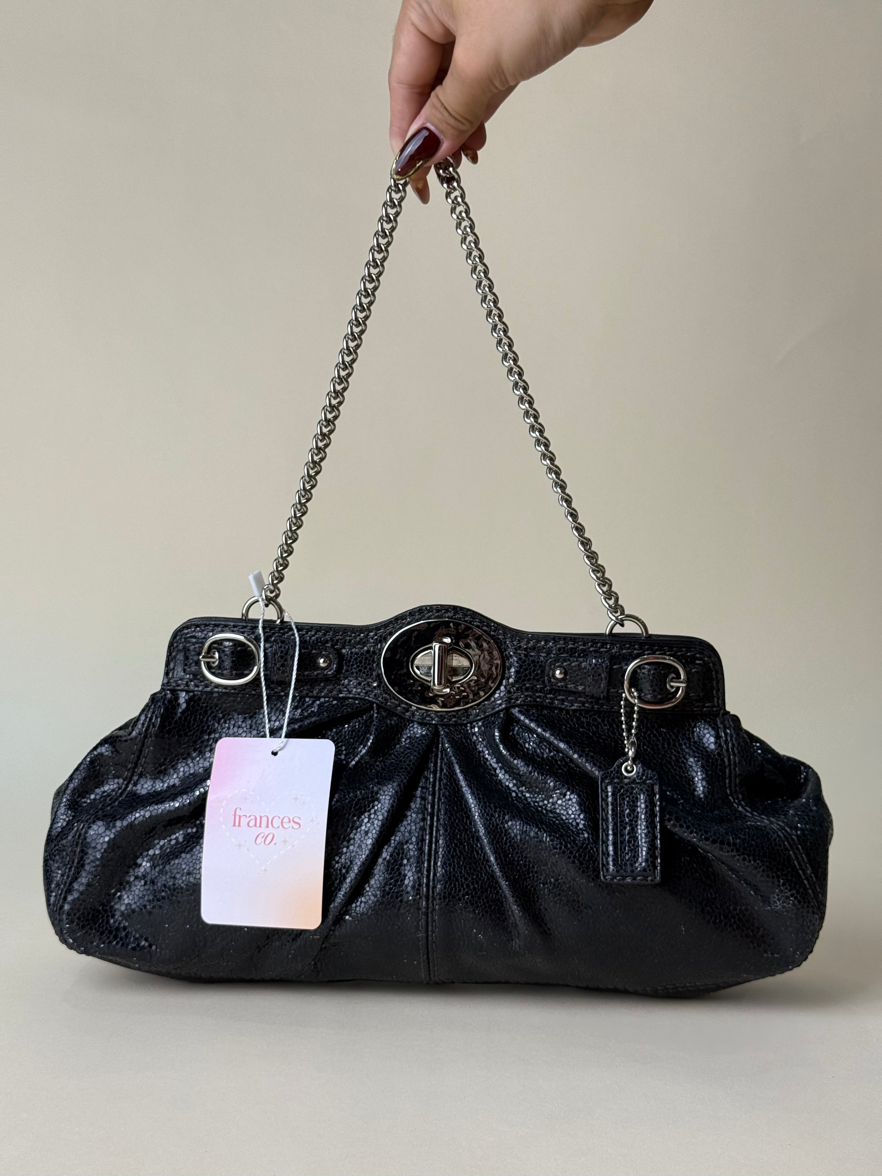 Coach Mini Garnet Turnlock Bag - Glossy Black Snake Embossed