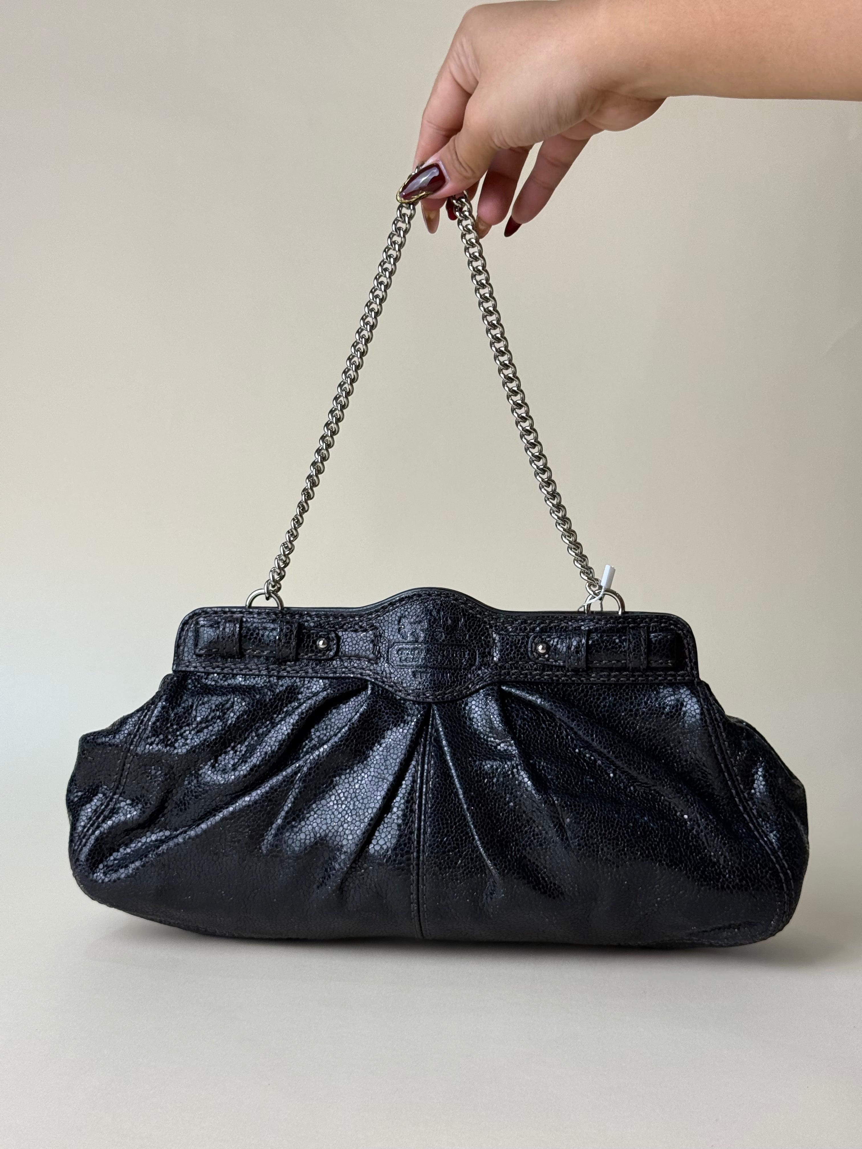 Coach Mini Garnet Turnlock Bag - Glossy Black Snake Embossed