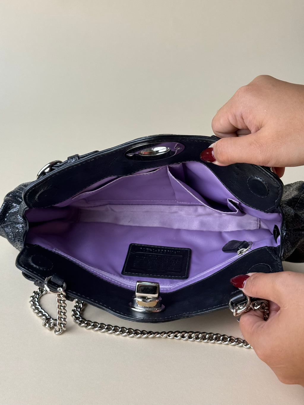 Coach Mini Garnet Turnlock Bag - Glossy Black Snake Embossed